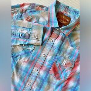 Red Camel Shirt Mens XL Western Long Sleeve Blue Plaid Cotton Casual‎